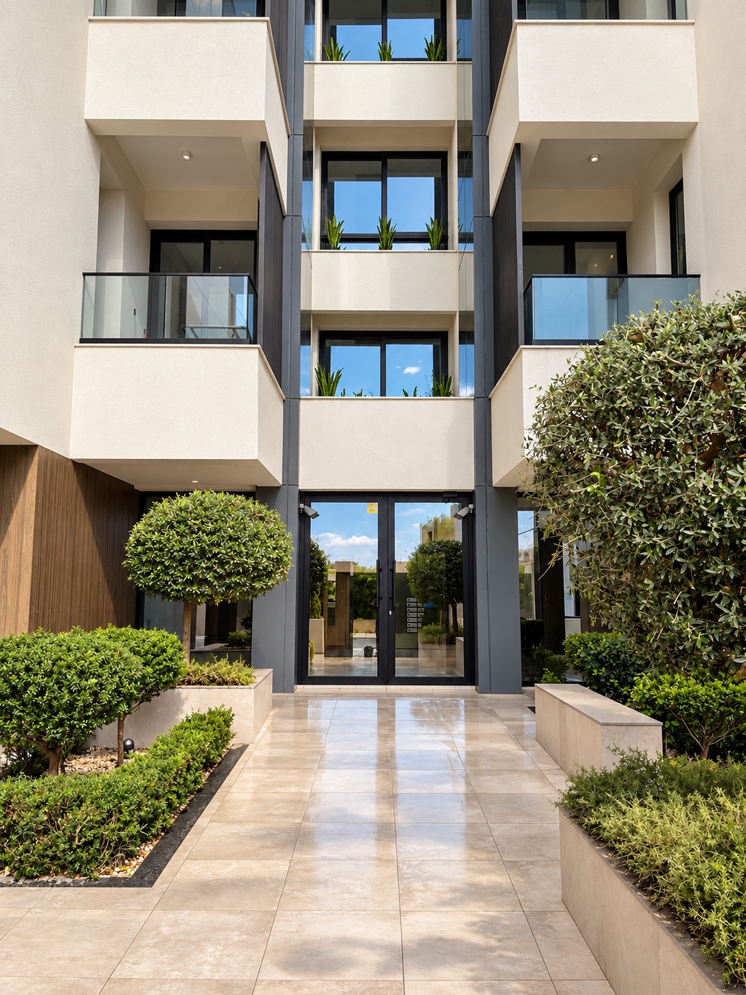Modern apartment building entrance and landscaped gardens at City Gate in Mesa Geitonia, Limassol